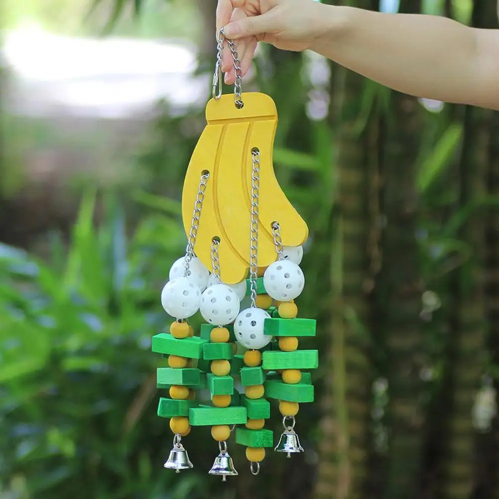 Parrot Toys Bird Swing Toys with Colorful Wood Beads, bananas and apples bunches for Budgie Lovebirds Conures birds toys - Цвет: Светло-желтый