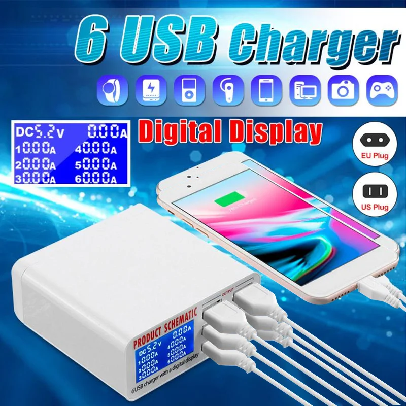 

6 Ports USB Charger Smart Charging Multi-Port Travel Charger LCD Digital Display Station Multi-Port USB Charging Plug US