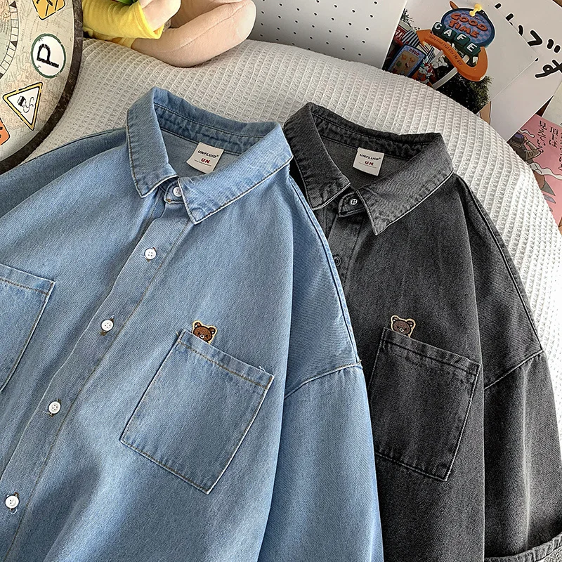 Bear Embroidered Denim Short Sleeve Shirt Men summer denim shirt