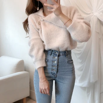 

2020 New Autumn Winter Women eaters Pullover Fake Mink Cashmere Knitted Elegant Turn-down Collar Ladies Tops