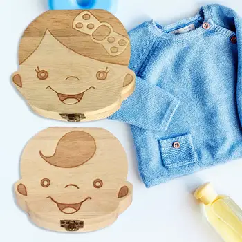 

English Spanish RussianText Baby Boy Girl Wood Case Save Milk Teeth Collection Organizer Holder Fallen Tooth Box Storage