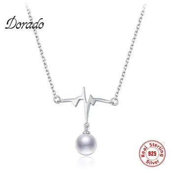 

Dorado New 100% 925 Sterling Silver Electrocardiogram Pearl Pendant Necklaces Women Engagement Jewelry Long Chain Party Collier