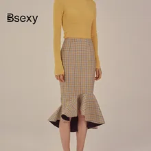 Винтажная Женская клетчатая юбка миди, Осень-зима, завышенная талия, ассиметричные Длинные Юбки Русалки