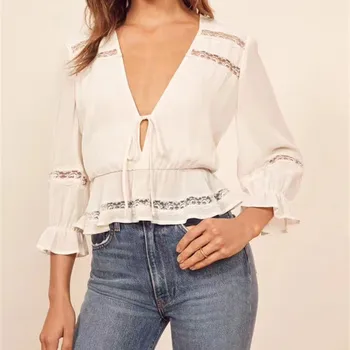 

Lace Stitching Shirt Women 100% White Viscose Ruffles Three Quarter Sleeve Deep VSummer Lace-up Blouse and Tops Summer New