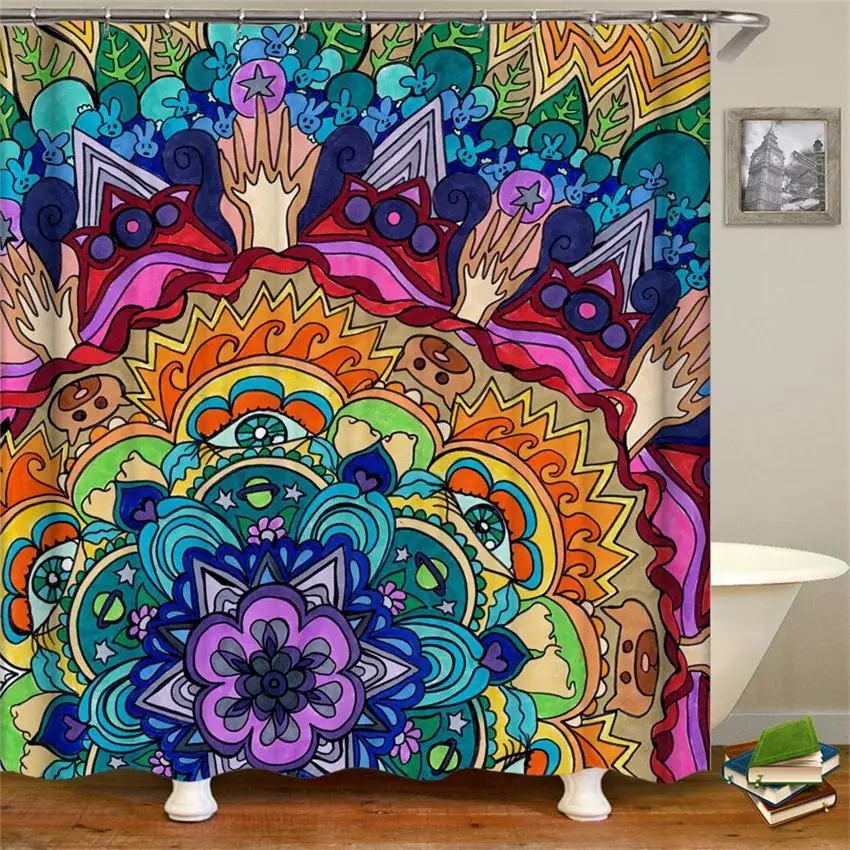Этнический Декор занавеска для душа Бохо узор с цветочным и павлиньим пером ткань Ванная комната занавеска с крючками - Цвет: 20649
