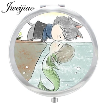 

JWEIJIAO Cartoon Cat And Fish metal game Magnifier Travel Purse Mirror Animal Live in harmony For Lovers Best Gift espejo CH77
