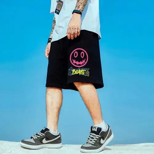 HMZ 2021 Summer New Drawstring Smiley Print Shorts Men Casual Jogger Sweathshorts Plus Size Workout Gym Shorts Streetwear Men smart casual shorts mens Casual Shorts