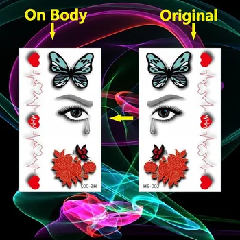 

Red Blooming Rose Temporary Tattoos Sticker Body Arm Butterfly Eye with Tears Flash Tattoo Heartbeat Love Heart Fake Tatoo Girl