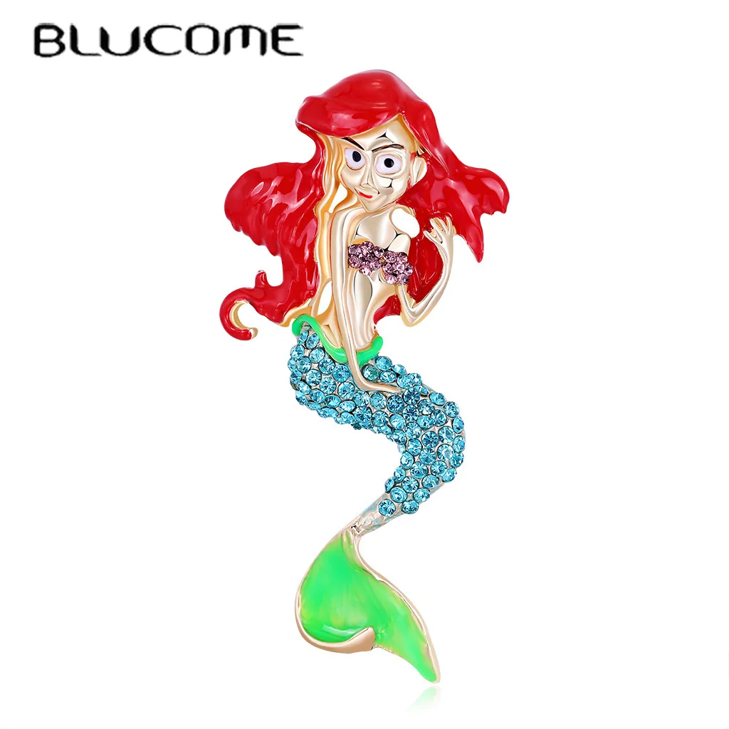 

Blucome Cartoon Enamel Crystal Mermaid Brooches Pins For Women Girl Lovely Resin Animal Sea-Maid Brooch Jewelry Wedding Gifts