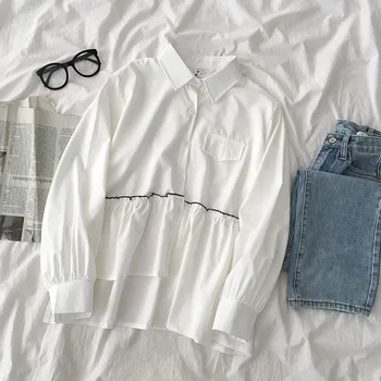 

Asymmetrical Patchwork Women White Shirts Summer New Turn-Down Collar Loose Casual All Match Female Outwear Tops