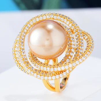 

missvikki High quality Luxury Europe Twist Lines Pearl Rings for Noble Women Party Show Fingers Jewelry Unique Ring Full CZ