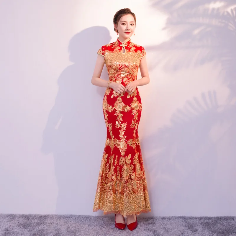 

Women Red Exquisite Sequins Trim Long Qipao Elegant Mandarin Collar Novelty Cheongsam Chinese Sexy Slim Hollow Out Mermaid Dress