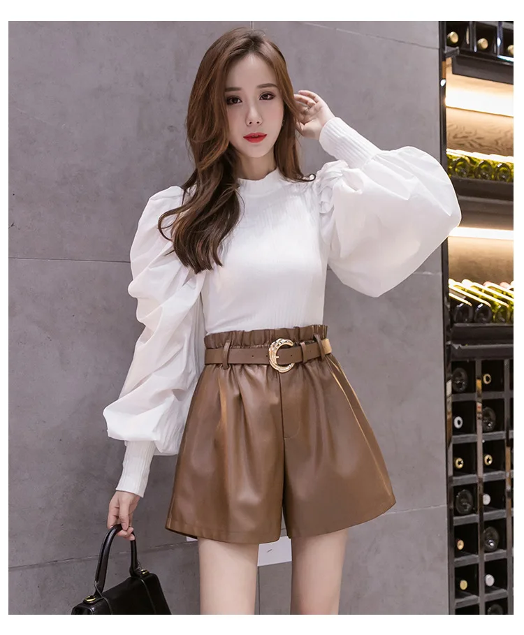 2022 New Autumn Winter Black PU Faux Leather Women's Shorts Sashes High Waist Wide Leg Shorts Elegant Female Trousers MT576 plus size womens clothing