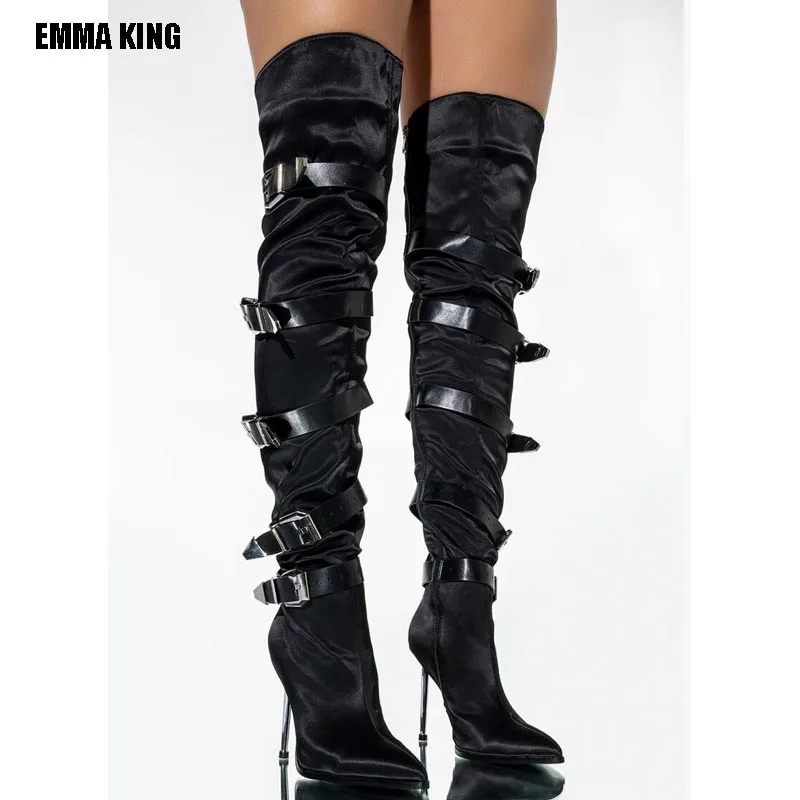 

2022 Pointed Toe Belt Buckle Boots Over The Knee Stiletto Heel Boots Black New Arrival Fashion Women Shoes Big Size Side Zip