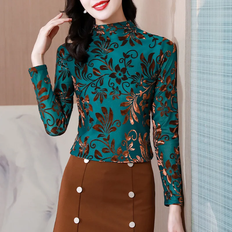 

2022 New Fashion Print High Neck Long Sleeve Undershirt Autumn Winter Pullover Womens Tops And Blouses Vintage Blusa Feminina