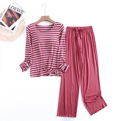 Fdfklak Conjunto Femenino New Striped Modal Cotton Sleepwear Women Long Sleeve Trousers 2 Piece Set Spring Autumn Home Pijama