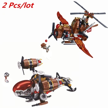 

2 Pcs/lot Age Of Steam Series Pirate Helicopter Kirov Airship Building Blocks Model Sets Bricks Classic For Children Toys Gift