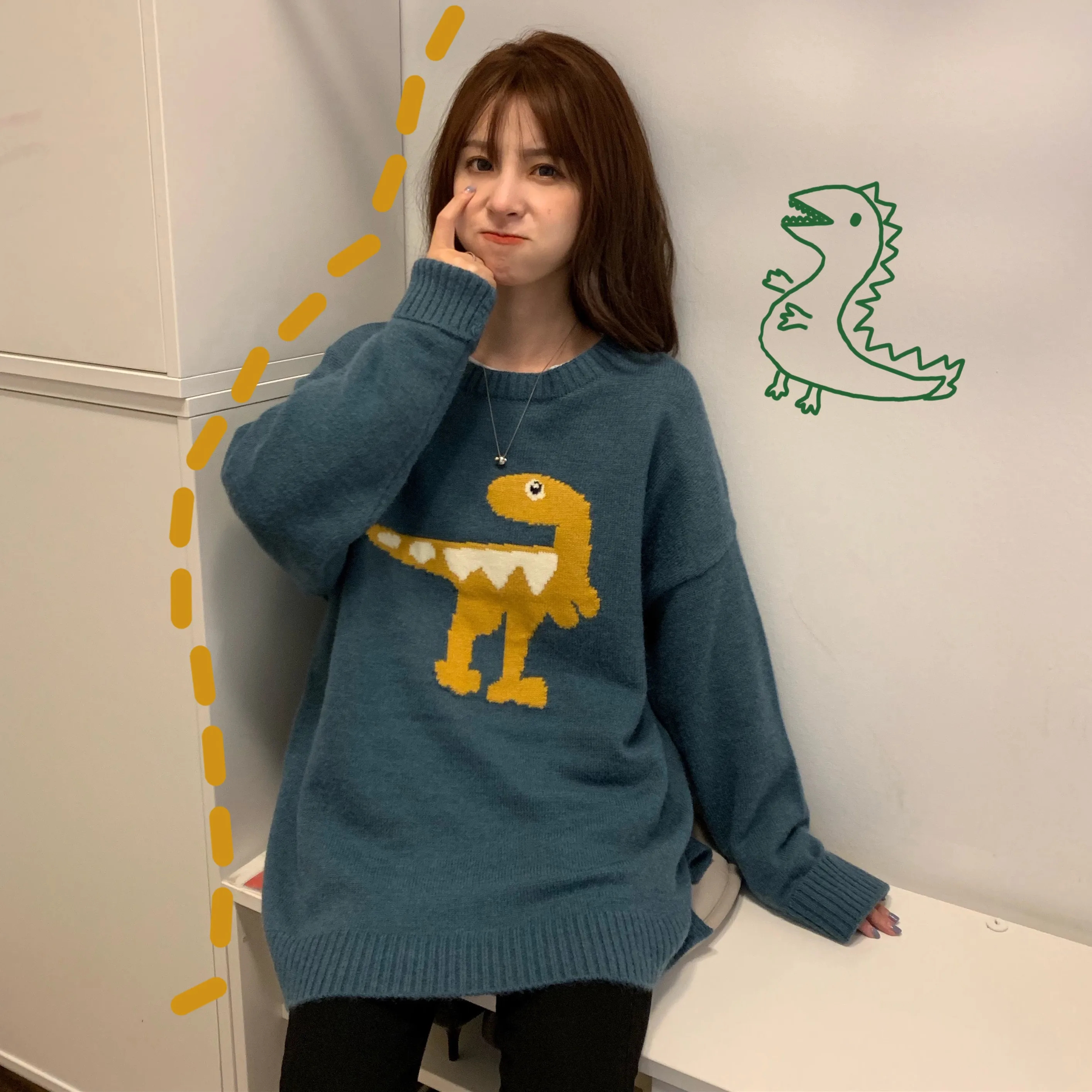 

2019 Autumn Winter New Women Knitted Sweaters Korean Fashion Casual Cartoon Dinosaur Round Neck Long Sleeve Female Cute Sweater
