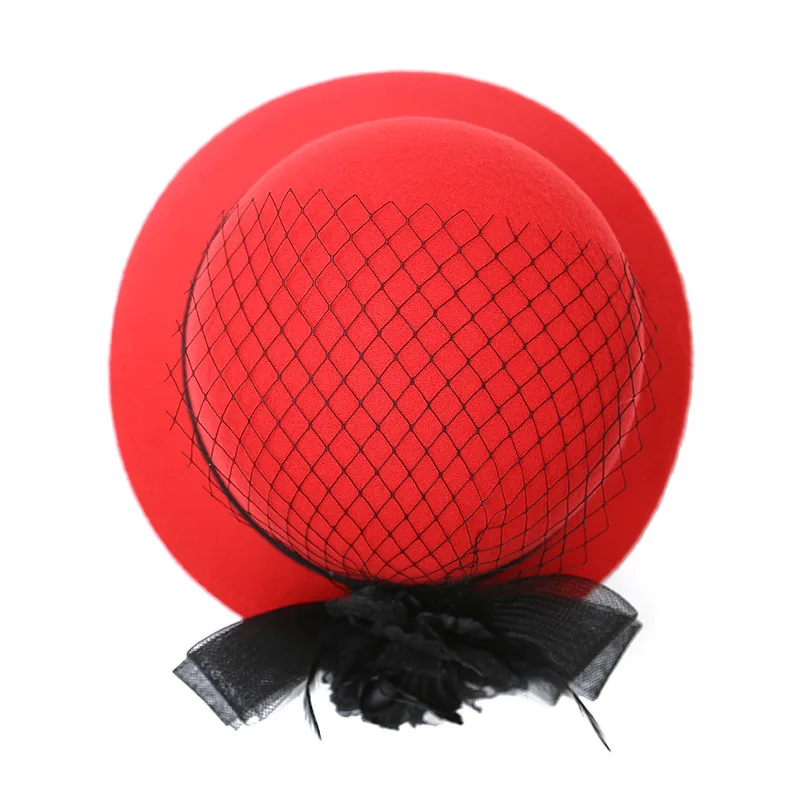 Винтажные красные шерстяные фетровые шляпы Женская Классическая сеть из пряжи перо цветок котелок шляпа трендовая Шляпа Fedora для леди