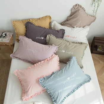 

74x48cm solid color washed cotton pillowcases lotus leaf frill pillow cover sleep ruffle flounce embroidered single pillow case