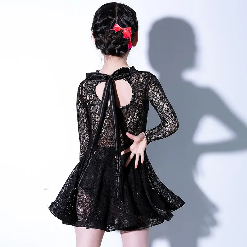Кружевное платье для латинских танцев для девочек детская одежда для бальных танцев, сальсы, танго платье для латинских танцев костюмы для соревнований на возраст 8, 10, 12, 14, 16 лет - Цвет: Черный