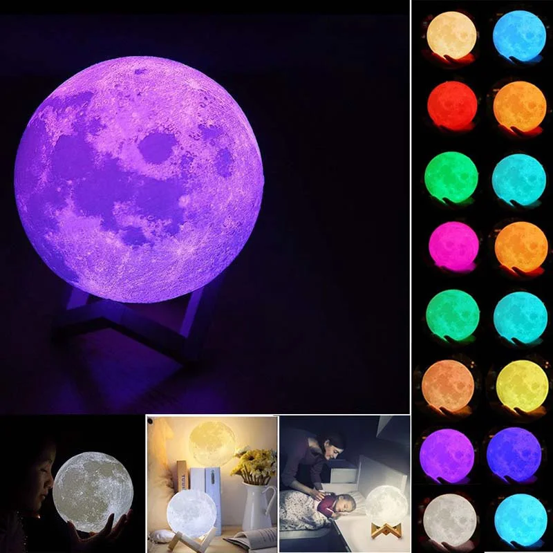 

16 Color Changing 3D Printing Moon Lamp USB Rechargeable LED Night Light with Remote Control Bedroom Decoration Luminaria