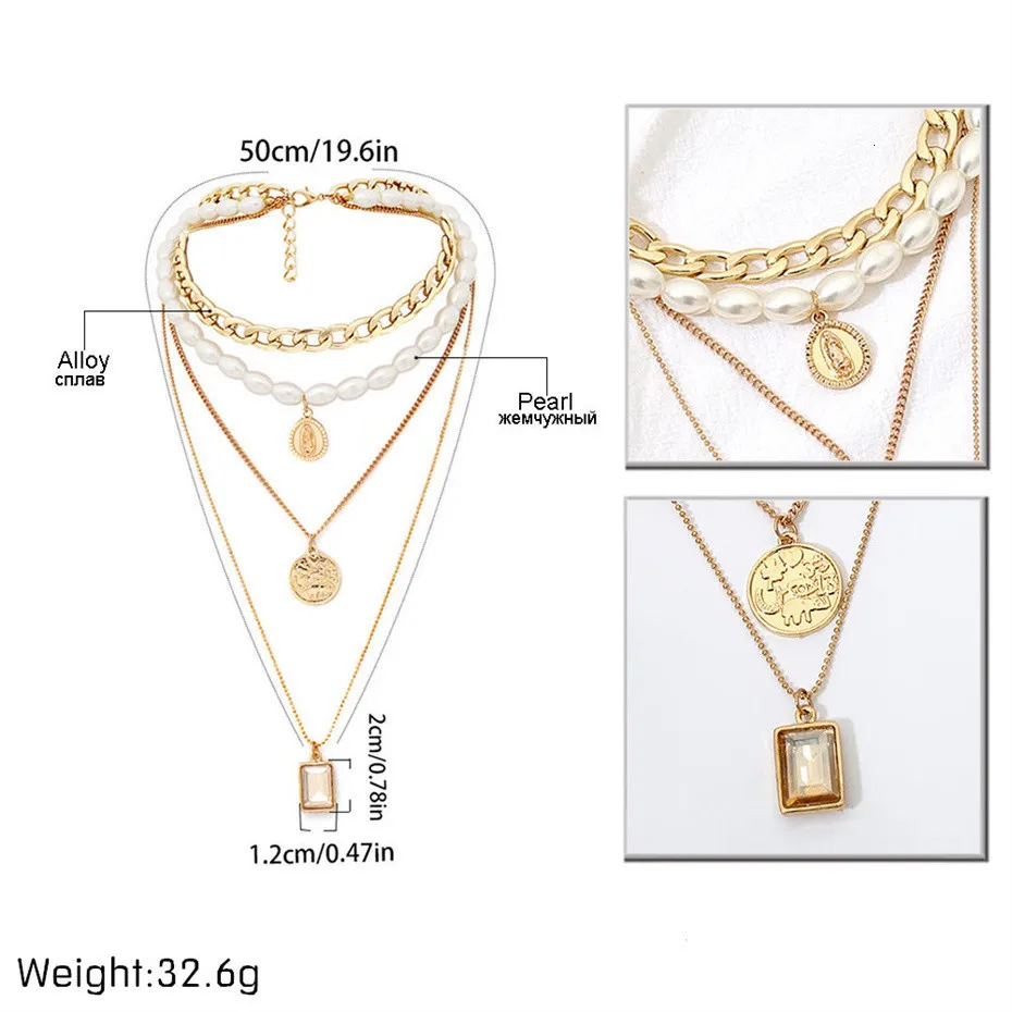 Ingemark Virgin Mary Pendant Choker Necklace Sweet White Pearls Crystal Square Golden Thick Chain Long Necklace Women Jewelry