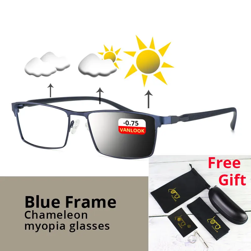 Фотохромные очки для близорукости, синий светильник, блокирующие очки, компьютерная Мужская диоптрия, хамелеон, солнцезащитные очки для геймеров, очки-0,50-1,75-5-6,0 - Цвет оправы: Blue-0.75