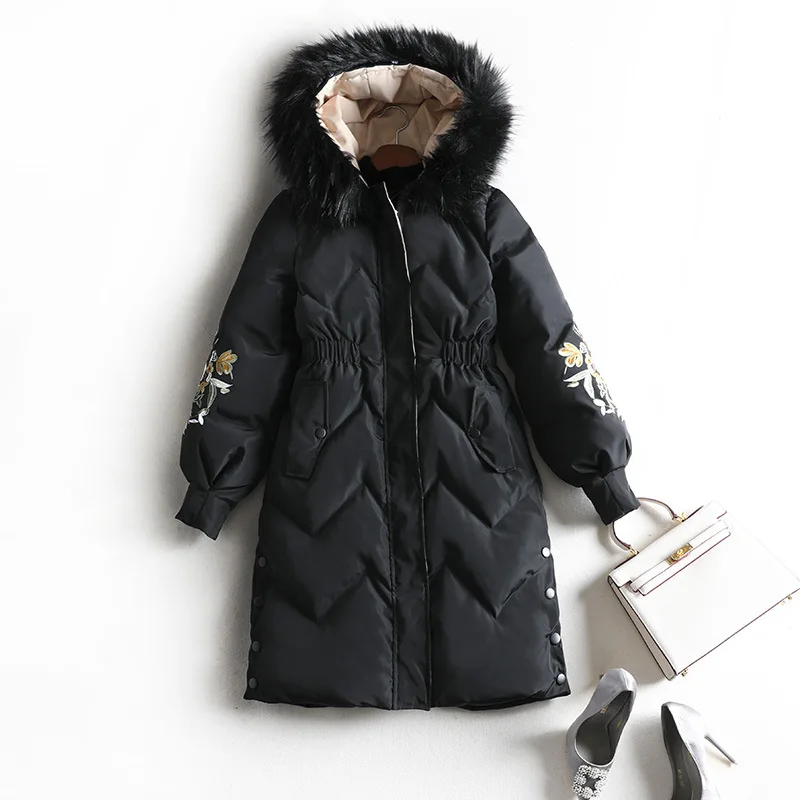 

Large Size Dress Chubby Sister Mm Winter Black And White with Pattern Mid-length Thick Cotton-padded Jacket Coat Slimming Embroi