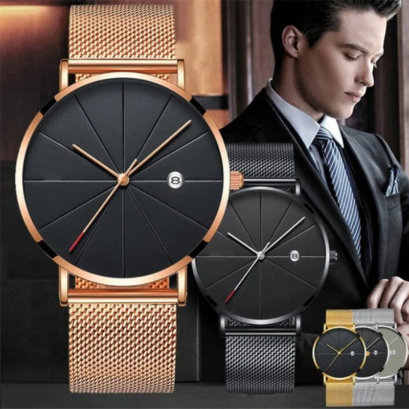 Ultra Thin Dial Mens Watches Business Simple Leisure Quartz WristWatch Stainless Mesh Strap Date Gift Clock Relogio Masculino | Наручные
