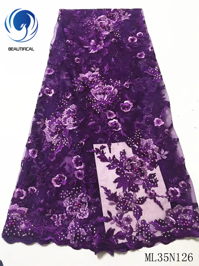 

Beautifical african lace fabrics high quality embroidery net lace fabric for dress 5yards tulle lace beads and stones ML35N126