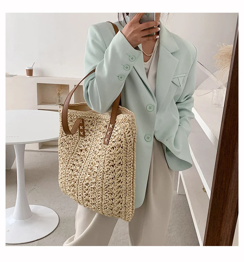 Patterned Straw Tote Bag for Leather Strap for Summer 2021