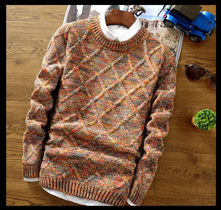 Zogaa свитер Для мужчин модные многоцветные, из кусков, пуловер, свитер в полоску мужские футболки c o-образным вырезом Slim Fit Вязание Рождество Для мужчин свитер