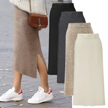

Skirt women's autumn and winter new women's knitted bag hip skirt mid-calf skirt high waist plus size thickened split step skirt