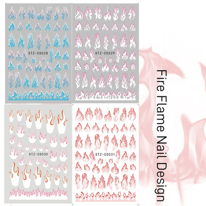 Fire Flame Nail Art Stickers 3D Pink Black Design Adhesive Slider Foils Blue DIY Wraps Summer Decoration Decals