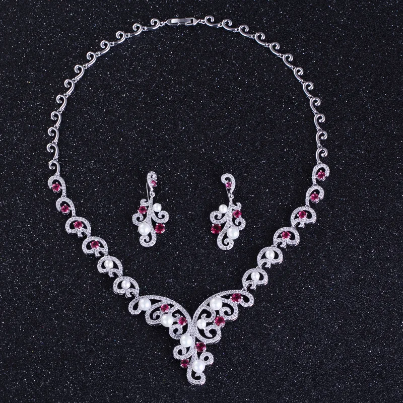 

High Quality Five AAA Cubic Zirconia Crystal Pearl Necklace And Earrings Jewelry Set Trendy Dinner Sets For Wedding
