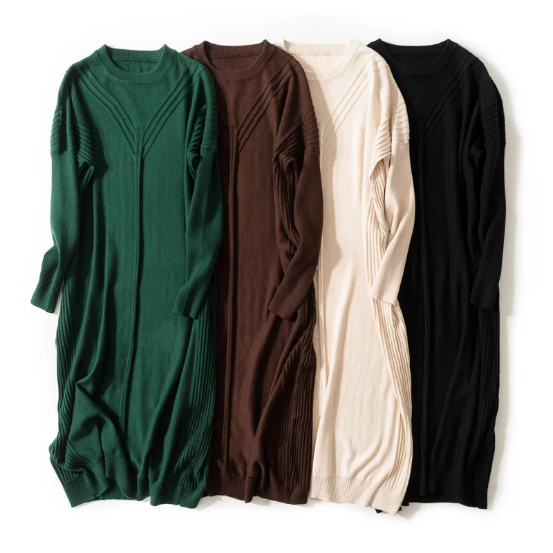 

Winter Women Knitted Dress Long Sleeve Cashmere Sweater Dress Warm Loose O-Neck Female Oversized Sweaters Dresses Autumn 2019