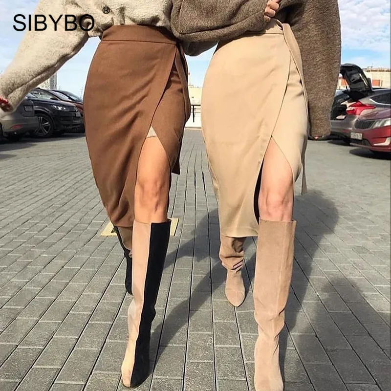 SIBYBO ребристые Боковые Сплит сексуальные юбки женские модные летняя с высокой талией женские пуговицы для юбки однотонные повседневные женские юбки