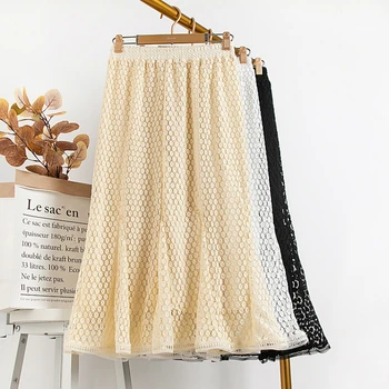 

Spring Summer Crochet Lace Mermaid Trumpet Mid-calf Long Skirt Elastic Waist Patchwork Lace A-line Long Skirts