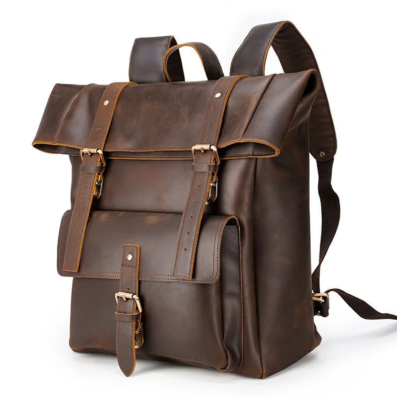 Crazy Horse Genuine Leather Backpack for Men 17" Laptop Daypack Large Capacity Male Travel Tote Bag Vintage School Shoulder Bag