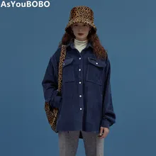 Harajuku Винтаж ins Горячая корейский стиль синий вельвет негабаритных свободные рубашки женские зимние YQ-1094