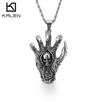 

KALEN Punk Skull Claw Pendant Necklace Men Stainless Steel Big Skeleton Palm Chain Choker Gothic Male Jewelry