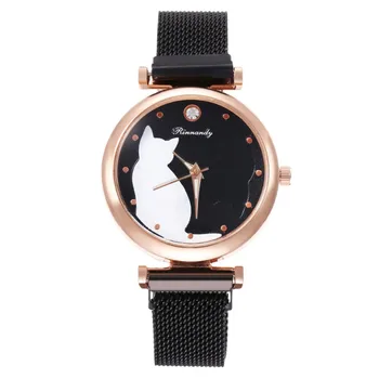 

Cute Students Watches Mesh Stainless Steel Strap Cats Pattern Dial Fashion 2020 Ladies Watches Rose Gold Watches Clock+