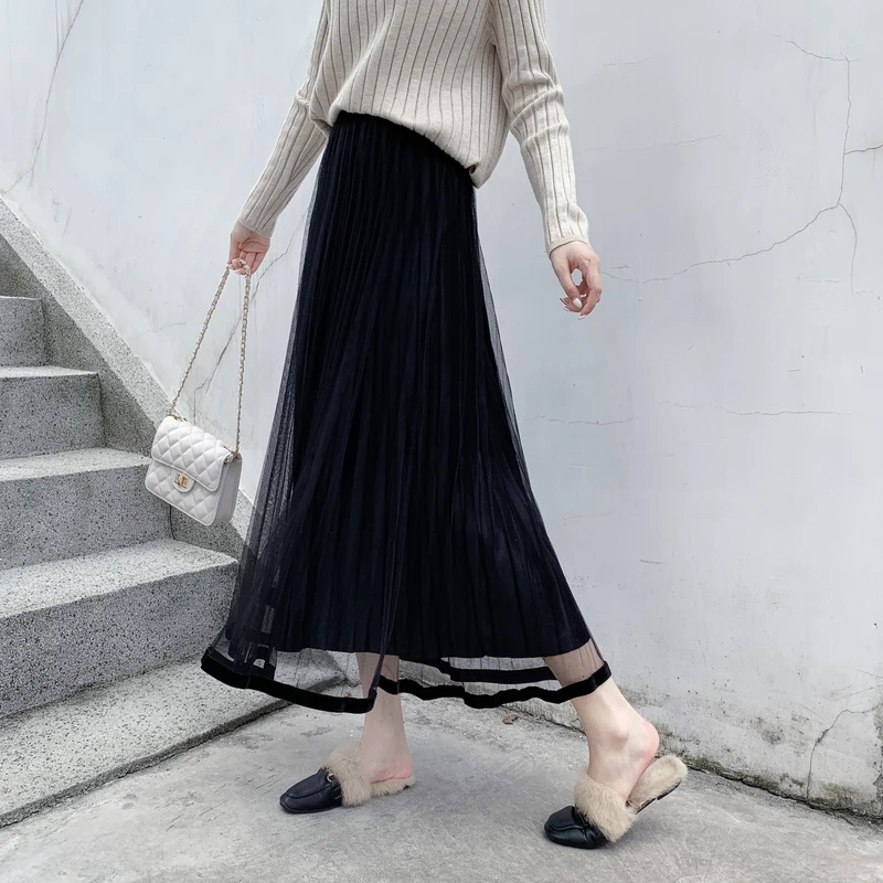 Jielur женские плиссированные юбки осень зима новые Однотонные эластичные бархатные юбки с высокой талией юбка из прозрачной ткани Jupe Femme Slim
