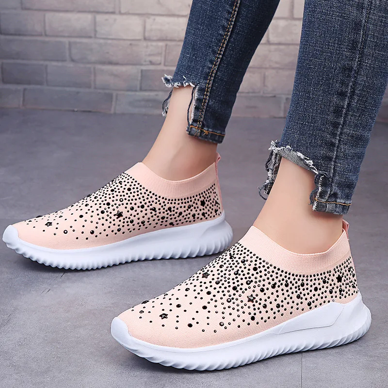 Women Sneakers Flat Vulcanized Shoes Knit Ladies Slip On Woman Glitter Crystal Loafer Women's Casual Shoes Female New