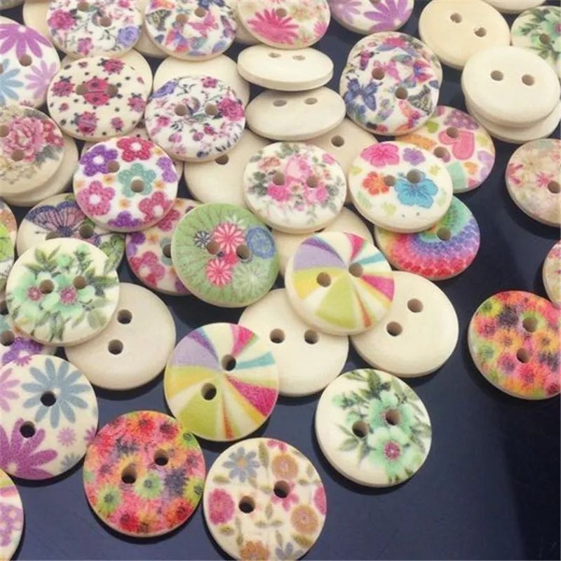 100 pcs Baby Print Flowers Wood Buttons Clothing Sewing Tool 15mm WB169