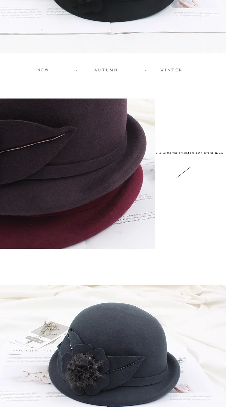 Pure Wool Hat Women Bucket Caps Female Lady Fedoras Floral Woolen Doom Hat Solid Color Quality Soft Warm for Dress Party