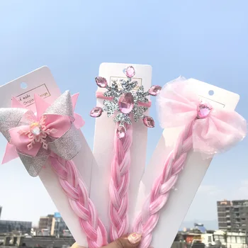 

Baby Girl Diamond Snowflake Headband Nylon Hair Holder Wig Twisted Braid Bow-knot Hair bands Cosplay Photography Props for Kids