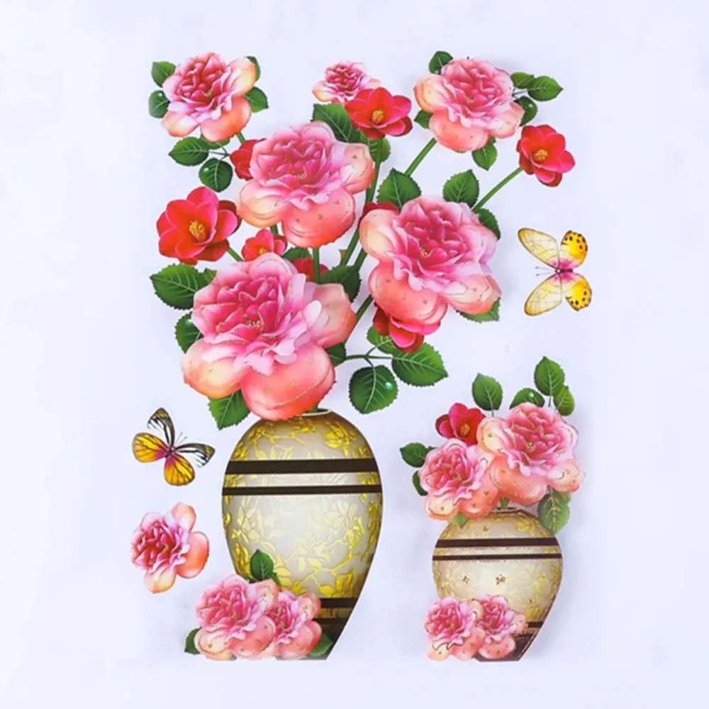 3D simulation rose flower sticker stereo simulation vase wall sticker home background decoration waterproof self-adhesive