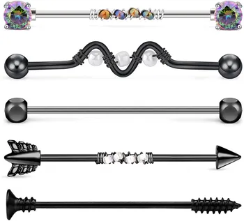 

5pcs Stainless Steel Industrial Barbell Earrings Bead Winding Style CZ Crystal Cartilage Body Piercing Industrial Piercing Bar